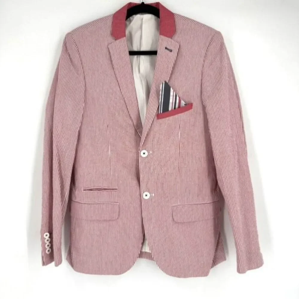 Paisley & Gray Men's Slim Fit Seersucker Cotton Blazer Red White Striped Small